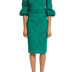 Badgley Mischka Puff-Shoulder, Laser-Cut Paisley Dress