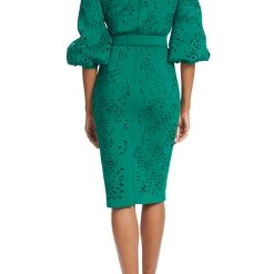 Badgley Mischka Puff-Shoulder, Laser-Cut Paisley Dress -Badgley Mischka shop BSD4912 GREE 3 01814.1656449411