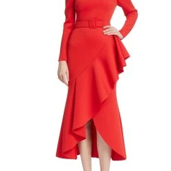 Badgley Mischka Shapely Belted Flounce Skirt Dress -Badgley Mischka shop BSD4923 RED 1 95728.1664318733