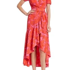 Badgley Mischka Belted Ruffle Wrap Dress With Floral Print