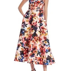 Badgley Mischka Floral Print One Shoulder Midi Dress