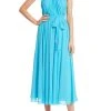 Badgley Mischka High Neck Pleated Dress With Sash Tie