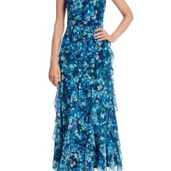 Badgley Mischka Cascading Ruffles Dress With Floral Print