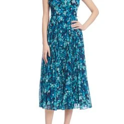 Badgley Mischka Floral Print Sleeveless Dress With Pleated Skirt