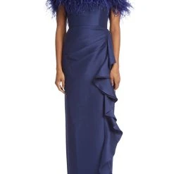 Badgley Mischka Ostrich Feather Adorned Gown -Badgley Mischka shop EG3102 NAVY 1 45261.1665007915