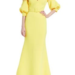 Badgley Mischka Belted Embellished Shoulder Gown