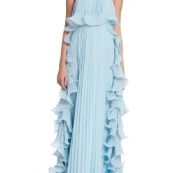 Badgley Mischka Strapless Pleated Gown With Ruffles