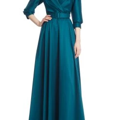 Badgley Mischka Belted Collared Gown -Badgley Mischka shop EG3469A TEAL 1 2 52310.1666806380