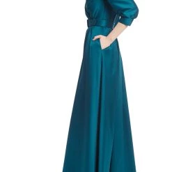 Badgley Mischka Belted Collared Gown -Badgley Mischka shop EG3469A TEAL 2 2 72847.1666739555