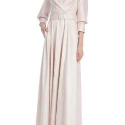Badgley Mischka Blush Pink Belted Maxi Blazer Dress