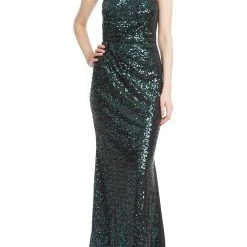Badgley Mischka Emerald Sequin Asymmetrical Halter Gown