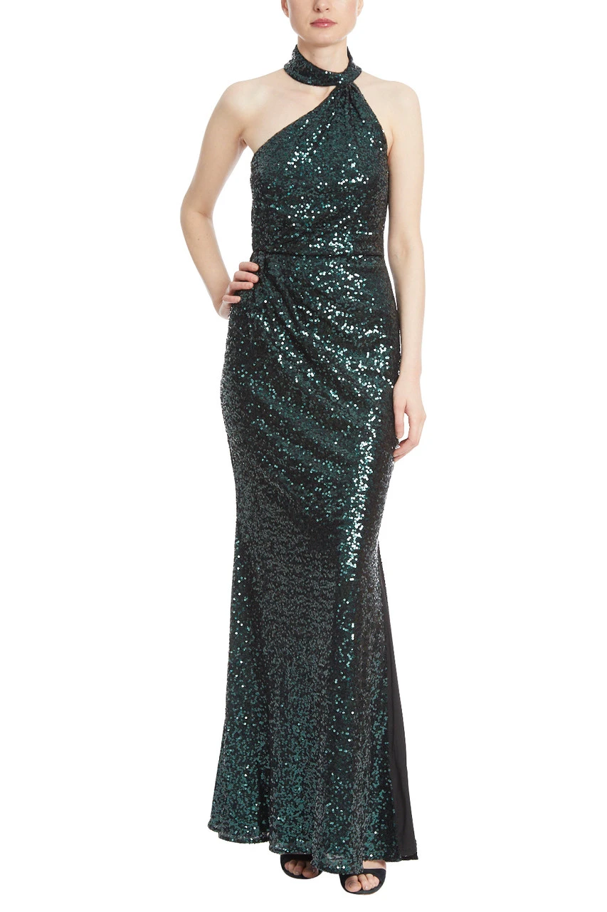 Badgley Mischka Emerald Sequin Asymmetrical Halter Gown 3 Badgley Mischka Emerald Sequin Asymmetrical Halter Gown