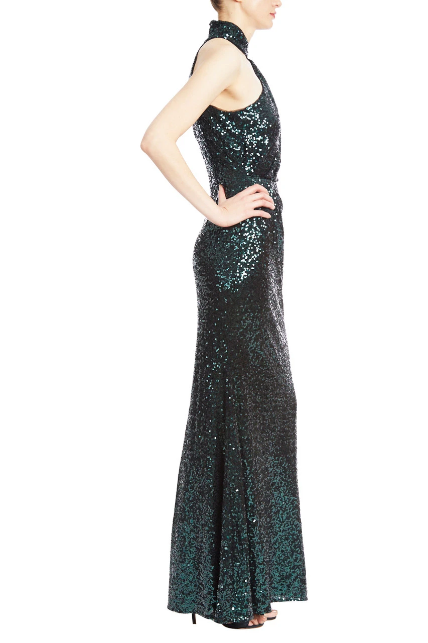 Badgley Mischka Emerald Sequin Asymmetrical Halter Gown 4 Badgley Mischka Emerald Sequin Asymmetrical Halter Gown - Image 2