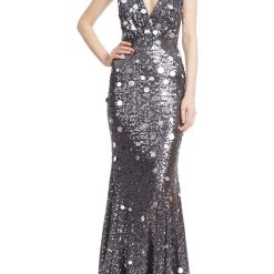 Badgley Mischka Sequin Deep V-Neck Mermaid Gown
