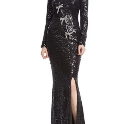 Badgley Mischka Sequin Long Sleeve Gown With Bow Brooches