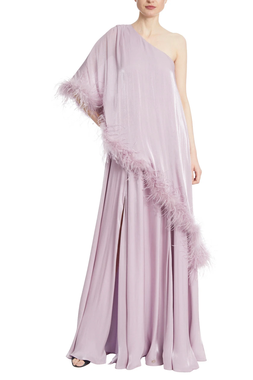 Badgley Mischka Lilac One-Shoulder Feather Trimmed Maxi Gown 3 Badgley Mischka Lilac One-Shoulder Feather Trimmed Maxi Gown