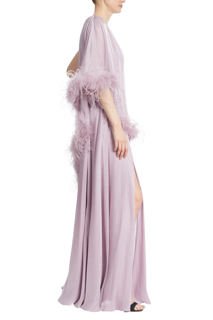Badgley Mischka Lilac One-Shoulder Feather Trimmed Maxi Gown 4 Badgley Mischka Lilac One-Shoulder Feather Trimmed Maxi Gown - Image 2