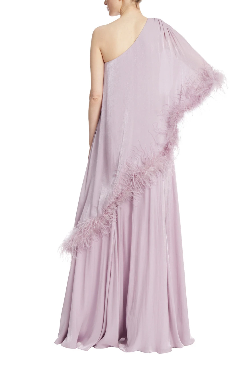 Badgley Mischka Lilac One-Shoulder Feather Trimmed Maxi Gown 5 Badgley Mischka Lilac One-Shoulder Feather Trimmed Maxi Gown - Image 3