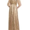 Badgley Mischka Gold Sequined Evening Gown With Fringes