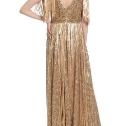 Badgley Mischka Gold Sequined Evening Gown With Fringes -Badgley Mischka shop EG3835 GOLD 3 10301.1669674828
