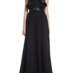 Badgley Mischka Black Pleated Evening Gown With Ruffled Halter Neck