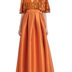 Badgley Mischka Orange Sequined Evening Gown With Belt