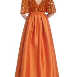 Badgley Mischka Orange Sequined Evening Gown With Belt -Badgley Mischka shop EG3840 CUMN 3 49174.1669674835