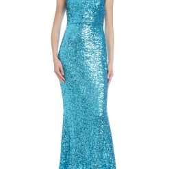 Badgley Mischka Turquoise Sequined Mermaid Gown