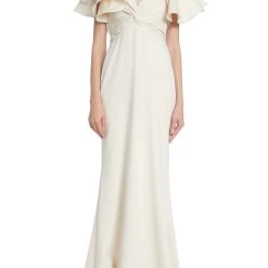 Badgley Mischka Ecru Column Gown With Ruffled Shoulders