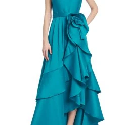 Badgley Mischka Cascading Ruffle Gown With Rosette Detail -Badgley Mischka shop EG3850 TEAL 1 48859.1675219149