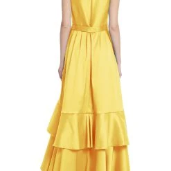 Badgley Mischka Cascading Ruffle Gown With Rosette Detail -Badgley Mischka shop EG3850 YELLOW back 43014.1674853703