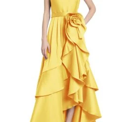 Badgley Mischka Cascading Ruffle Gown With Rosette Detail