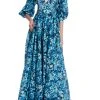 Badgley Mischka Floral Print Puff Sleeve Maxi Gown