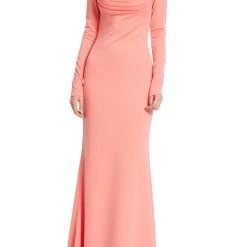Badgley Mischka Long-Sleeved Pleated Sweetheart Column Gown