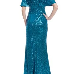 Badgley Mischka Sequined Dolman Sleeve Column Gown -Badgley Mischka shop EG3866A TEAL 3 26061.1674597329