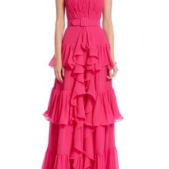 Badgley Mischka Strapless Tiered Ruffle Gown With Belt