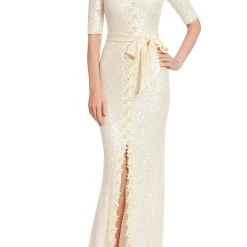 Badgley Mischka Sequined Evening Gown With Crystal Lace Trim