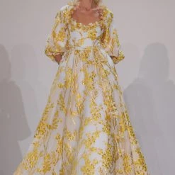 Badgley Mischka Jacquard Balloon Sleeve Gown With Drama Back -Badgley Mischka shop EG3911 RUNWAY 72788.1675972781