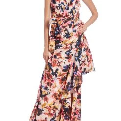 Badgley Mischka Floral Print Halter Gown With Drape