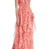 Badgley Mischka Printed Cascading Ruffle Gown With Embellishments