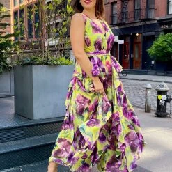 Badgley Mischka Floral Ruffle V-Neck Gown -Badgley Mischka shop EG9023 69810.1652222511