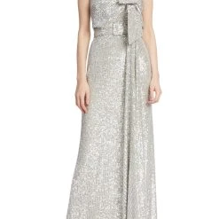 Badgley Mischka Strapless Metallic Sequined Gown With Bow