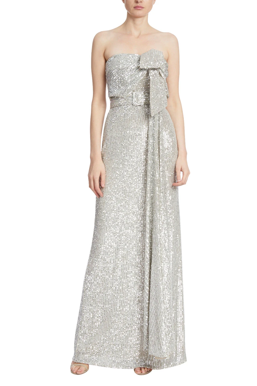 Badgley Mischka Strapless Metallic Sequined Gown With Bow 3 Badgley Mischka Strapless Metallic Sequined Gown With Bow