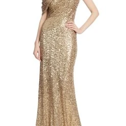 Badgley Mischka Draped One-Shoulder Sequin Gown