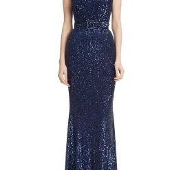 Badgley Mischka Mock Neck Sequined Gown With Belt