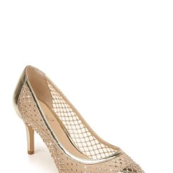 Jewel Badgley Mischka Floria Stone Mesh Pointed Toe Pump -Badgley Mischka shop FLORIA JW3553 GLDMSH 1 FRONT VIEW 48788.1630440528
