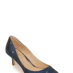 Jewel Badgley Mischka Frenchie Pointed Toe Kitten Heel -Badgley Mischka shop FRENCHIE JW3549 NVYSAT 1 FRONT VIEW 09281 37493.1678473367