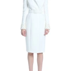 Badgley Mischka Pearl Sleeve Belted Cocktail Dress