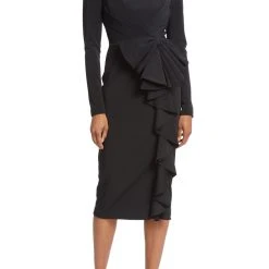 Badgley Mischka Boat-Neck Bow And Ruffle Cocktail Dress