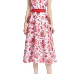 Badgley Mischka Belted Floral Dress With Beaded Pockets